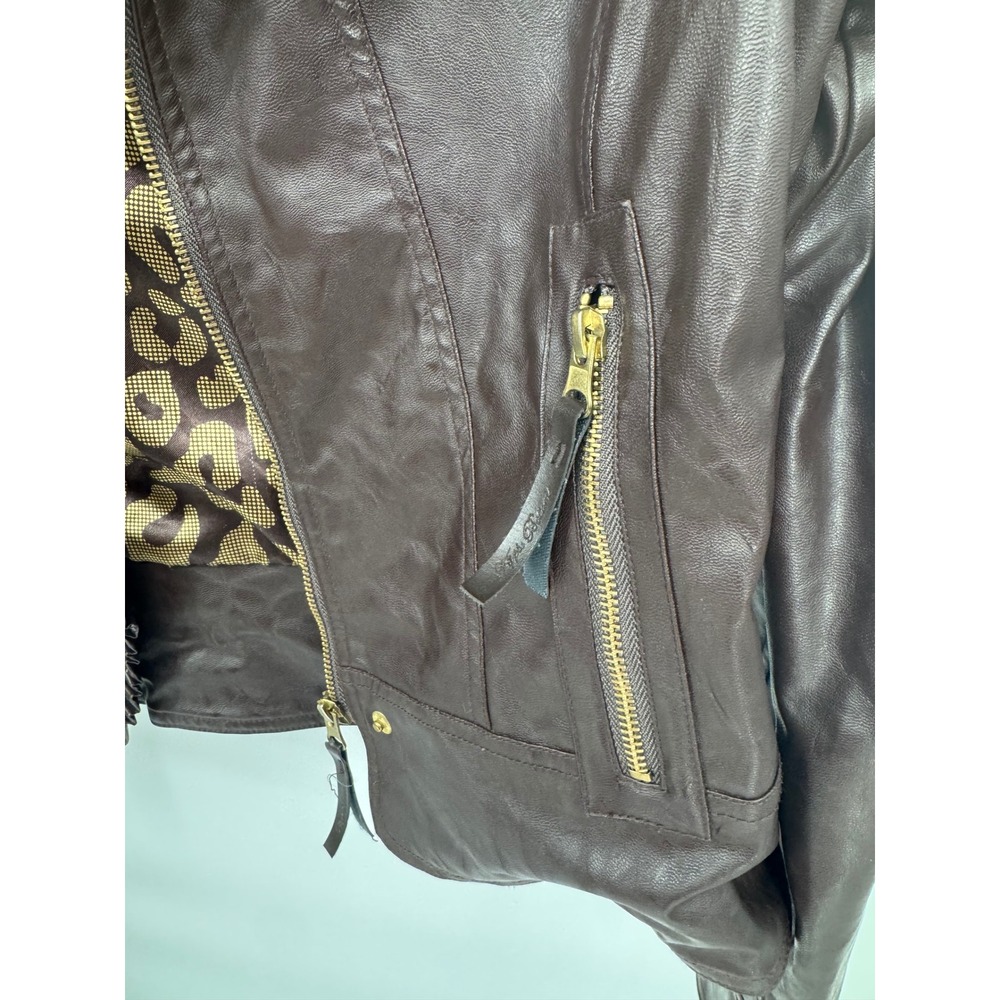 Apple Bottoms Womens Brown Faux Leather Ruffle Moto Jacket Leopard Lining L - Picture 5 of 13